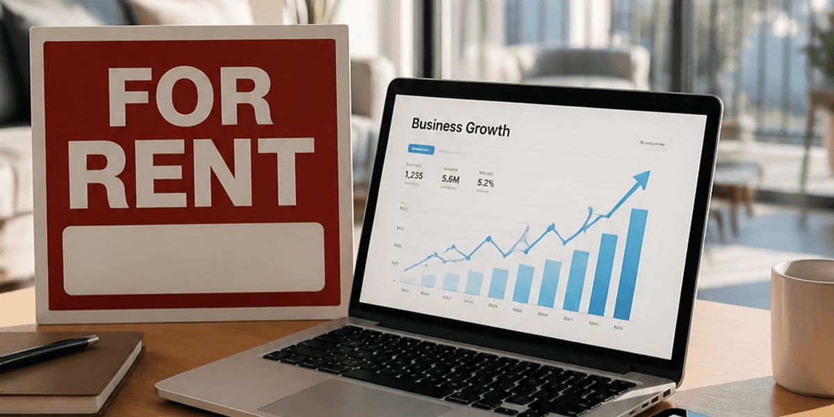 Laptop displaying a business growth chart next to a red "For Rent" sign