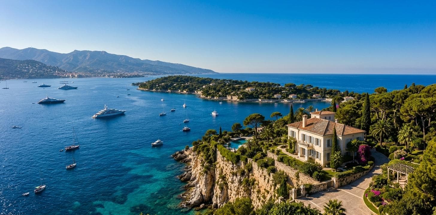 Scenic coastal view with yachts, a mansion, and lush greenery under a clear blue sky