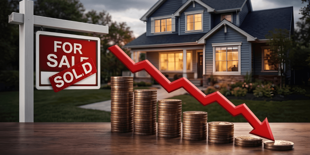 For sale sign, graph of declining coins, house in background at dusk