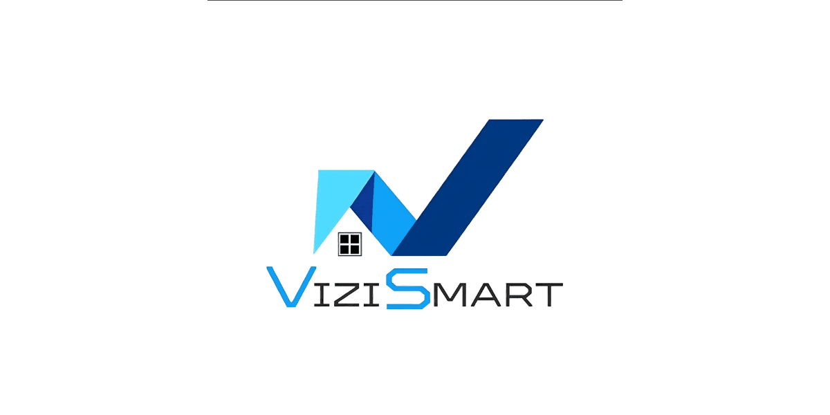 "ViziSmart logo featuring a modern, minimalistic design with blue and white colors, incorporating a house icon in the letter 'V'."