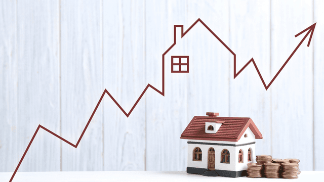 Model house with stacked coins beside a rising home price chart illustration.