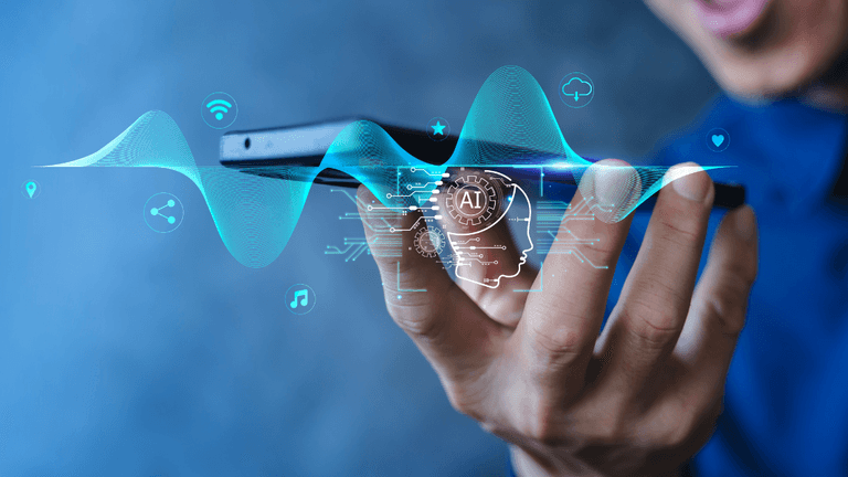 Person holding a smartphone with digital AI and sound wave graphics around it