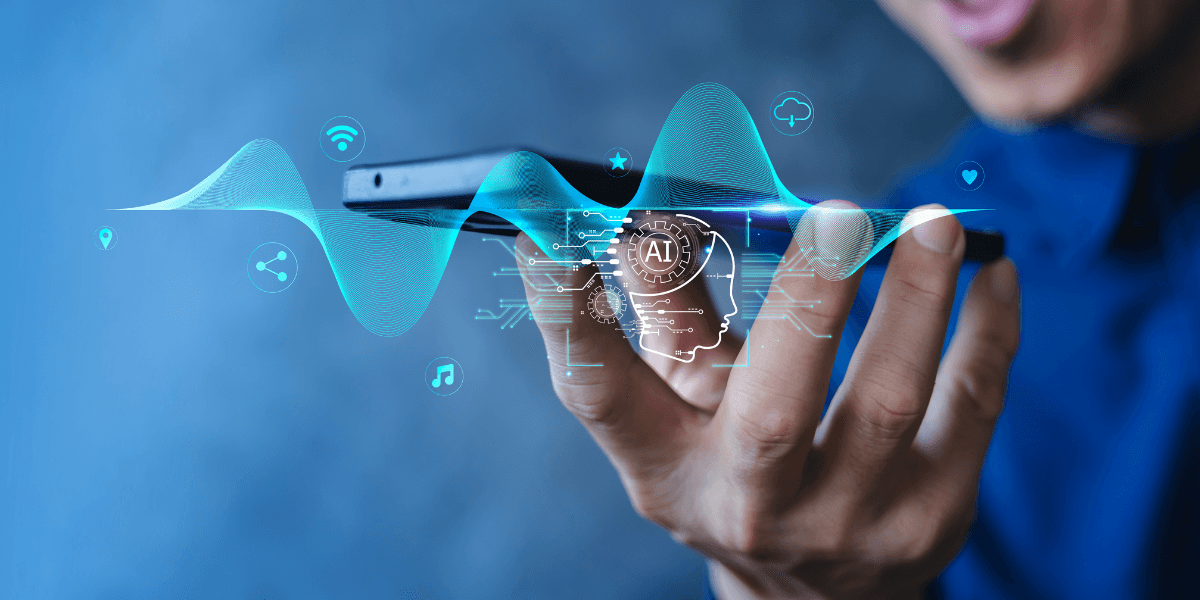 Person holding a smartphone with digital AI and sound wave graphics around it
