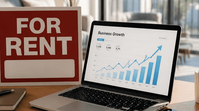 Laptop displaying a business growth chart next to a red "For Rent" sign