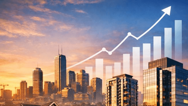 City skyline at sunset with an upward graph overlay representing growth and progress