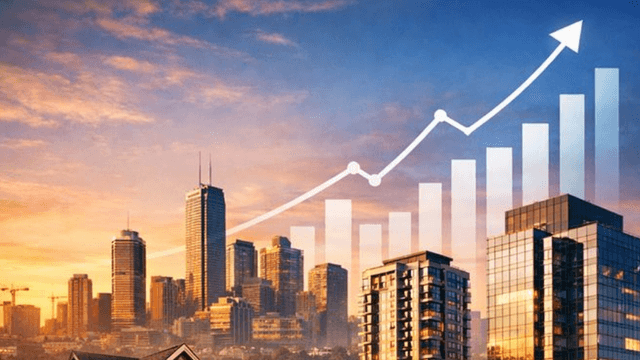City skyline at sunset with an upward graph overlay representing growth and progress