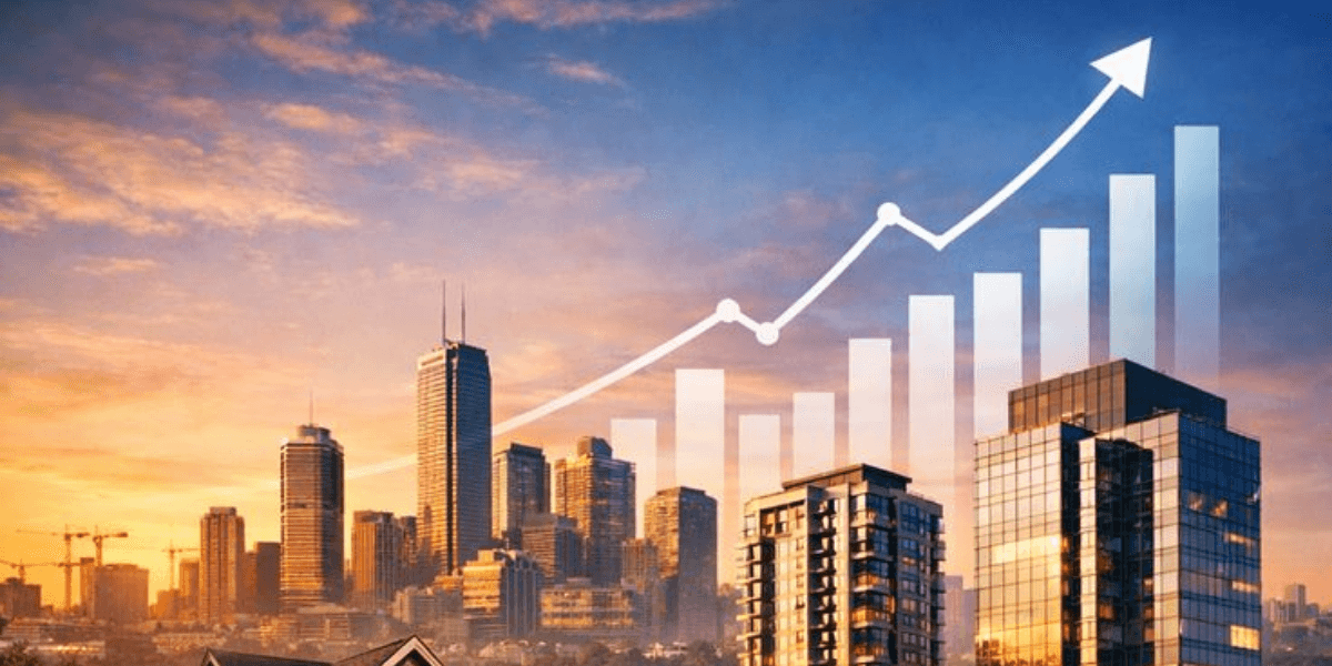 City skyline at sunset with an upward graph overlay representing growth and progress