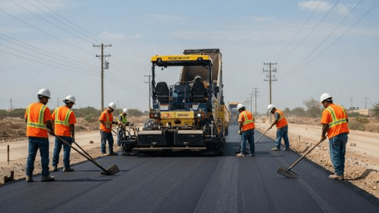 Workers in safety gear paving a road with an asphalt machine under clear skies
