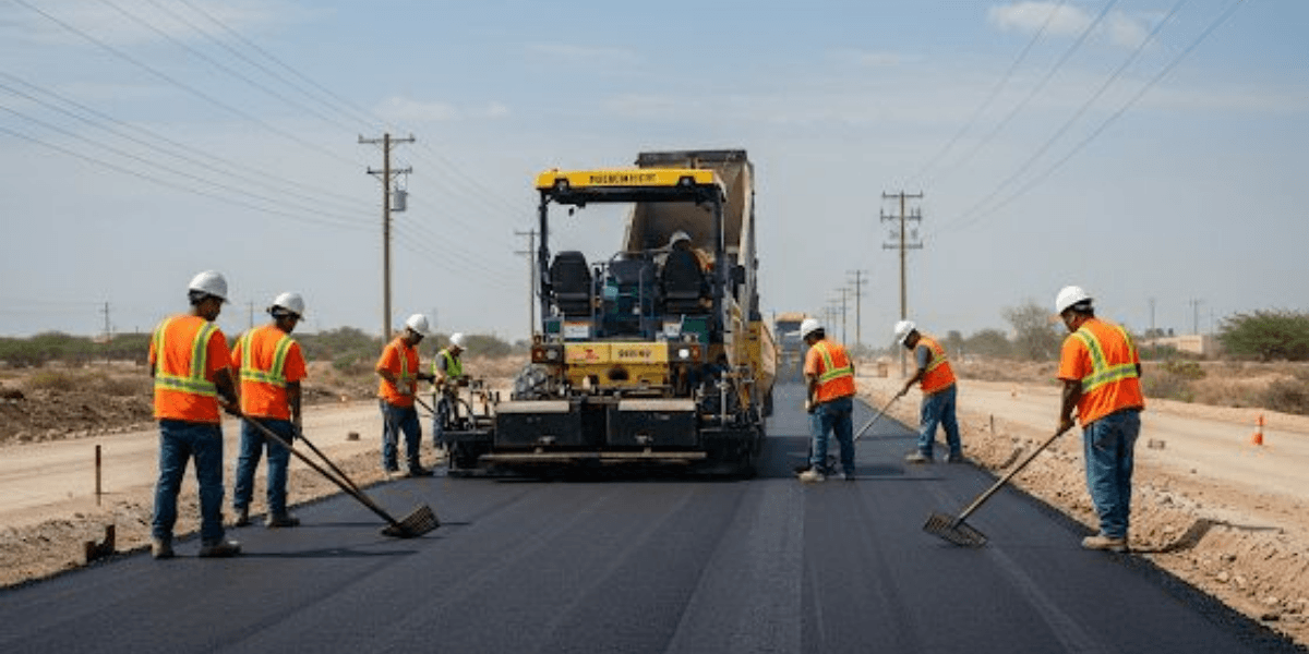 Workers in safety gear paving a road with an asphalt machine under clear skies
