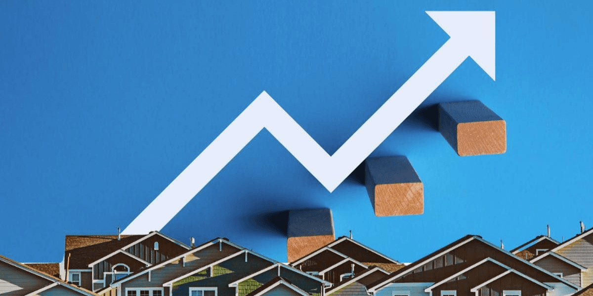 Graph showing upward trend overlaid on houses indicating rising real estate values