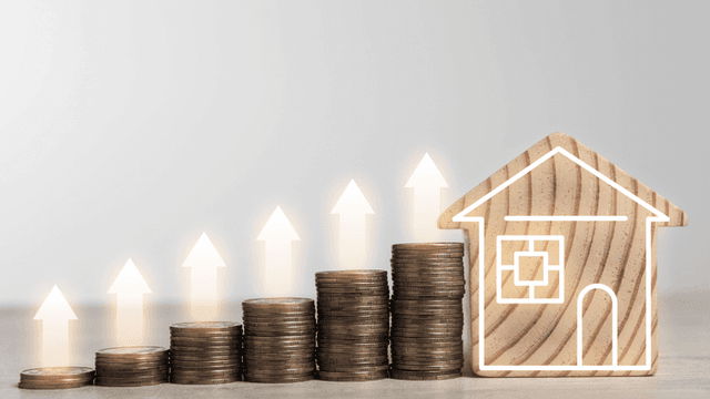 Stacks of coins with an upward trend and a wooden house illustration