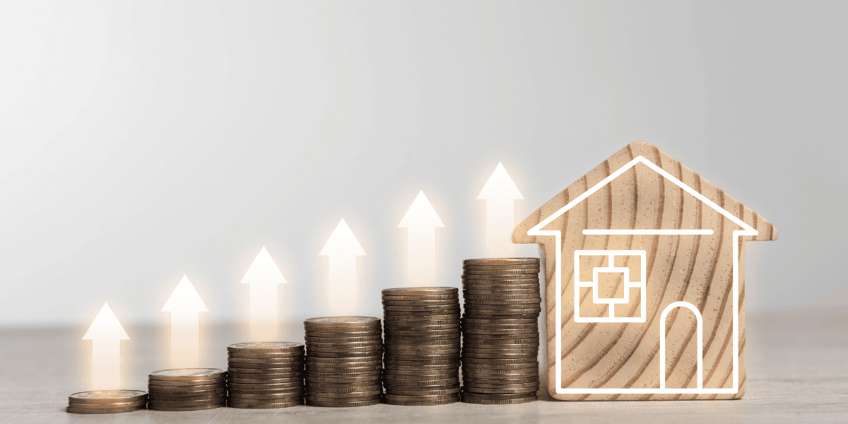 Stacks of coins with an upward trend and a wooden house illustration