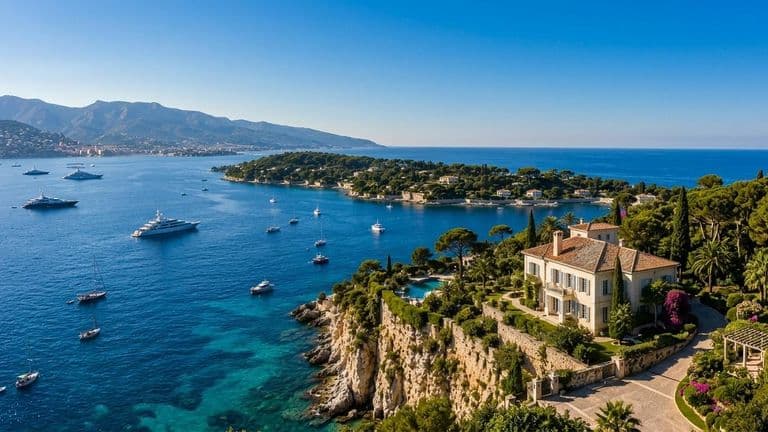 Scenic coastal view with yachts, a mansion, and lush greenery under a clear blue sky