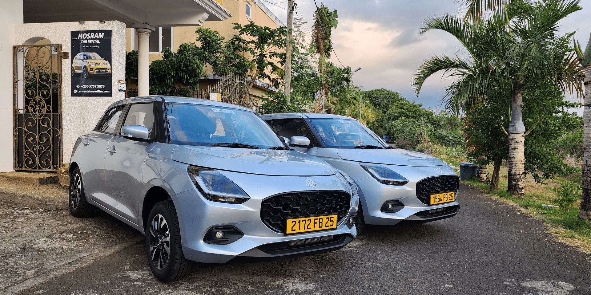 Two silver cars parked on a driveway with greenery in the background