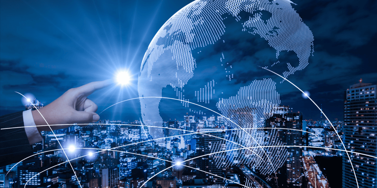 A hand reaches toward a digital globe over a city skyline with network lines.