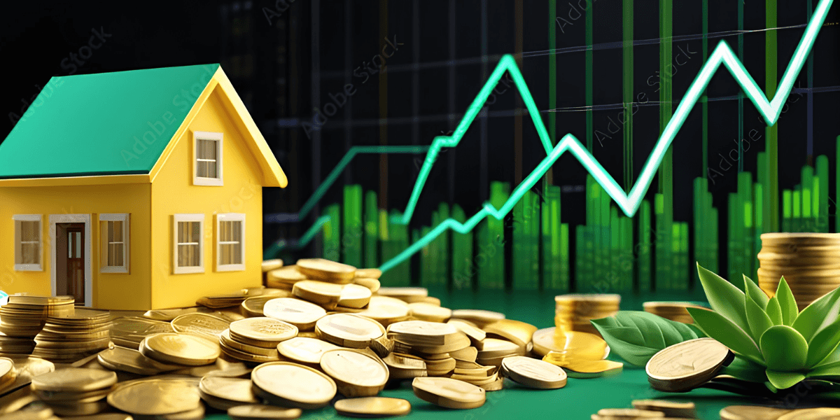 House model surrounded by coins and plants, with a financial graph in the background