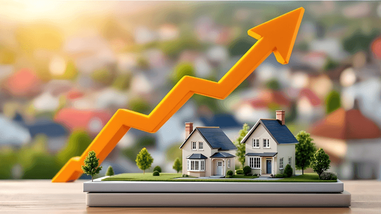 Model houses with a rising graph arrow in the background indicating market growth