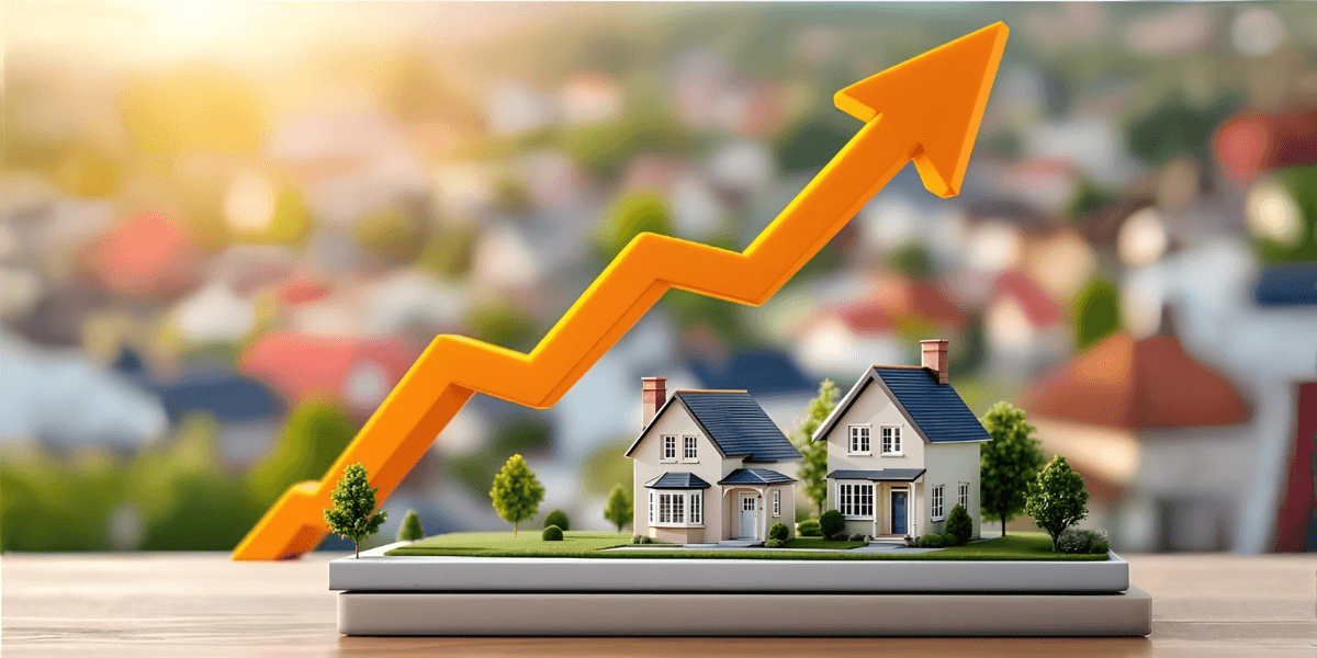 Model houses with a rising graph arrow in the background indicating market growth