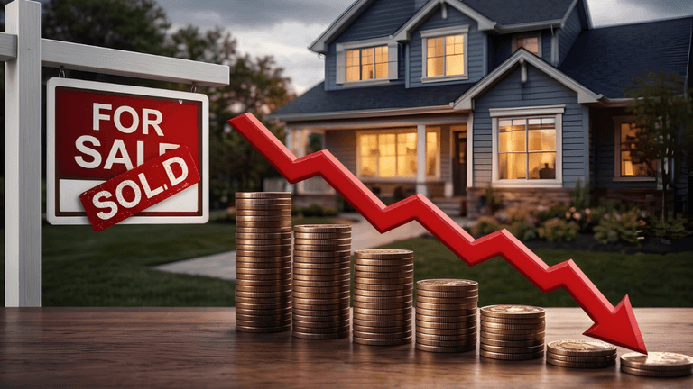 For sale sign, graph of declining coins, house in background at dusk