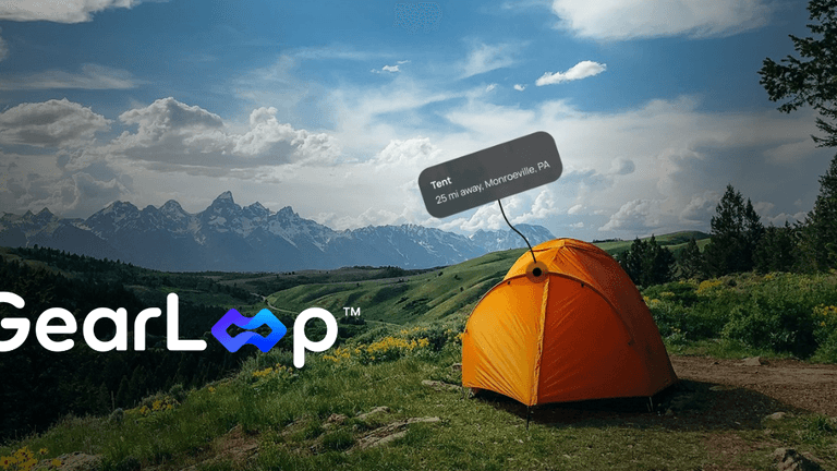 Orange camping tent in mountain landscape with GearLoop logo and nearby rental location marker.