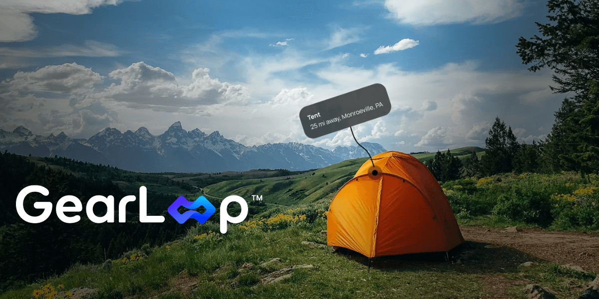 Orange camping tent in mountain landscape with GearLoop logo and nearby rental location marker.