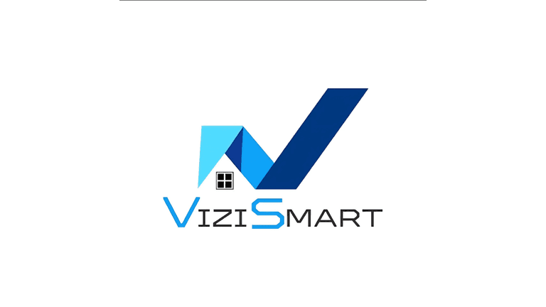 "ViziSmart logo featuring a modern, minimalistic design with blue and white colors, incorporating a house icon in the letter 'V'."