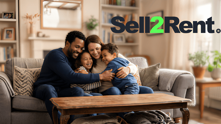 Family embracing on a couch in a living room beside the Sell2Rent logo.