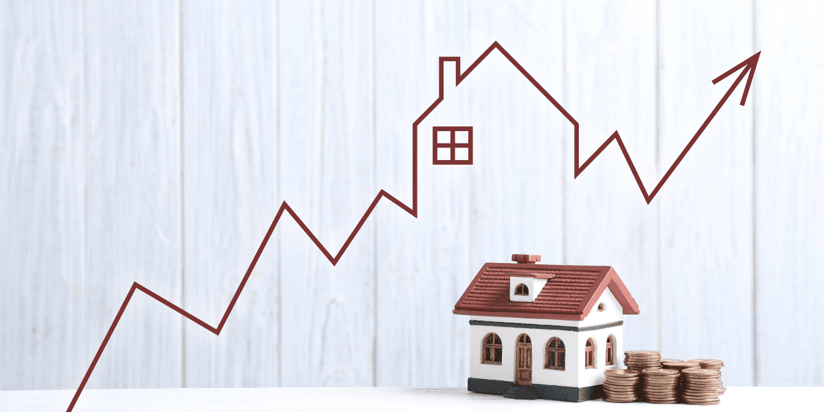 Model house with stacked coins beside a rising home price chart illustration.