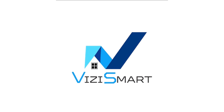 "ViziSmart logo featuring a modern, minimalistic design with blue and white colors, incorporating a house icon in the letter 'V'."