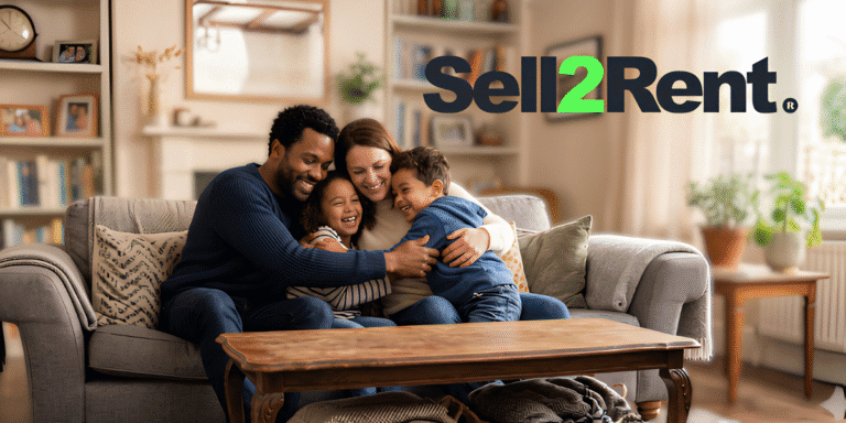 Family embracing on a couch in a living room beside the Sell2Rent logo.