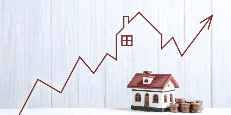 Model house with stacked coins beside a rising home price chart illustration.